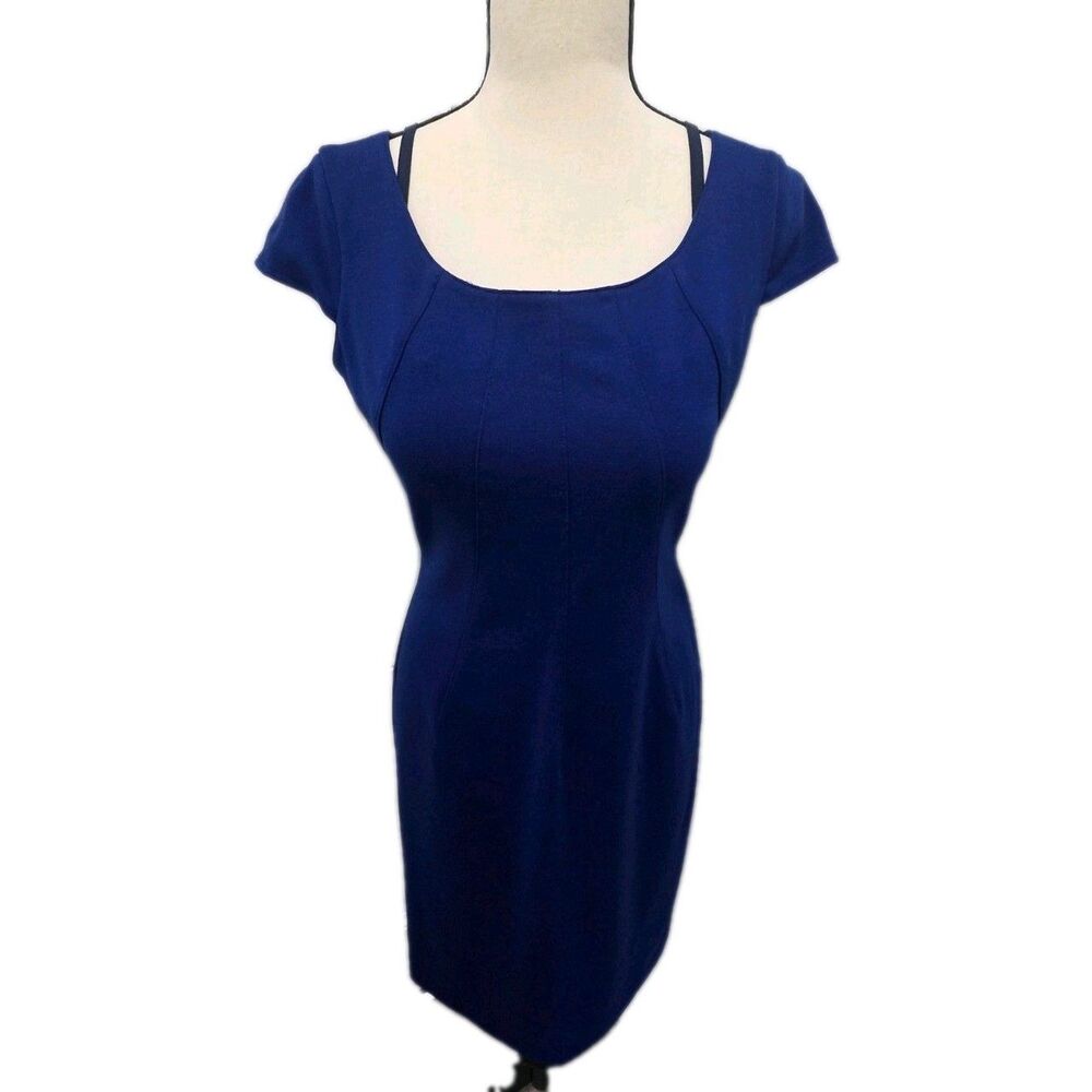 Blue Sheath Dress Short Sleeve Knee Length Square Neck Zip Solid Women’s